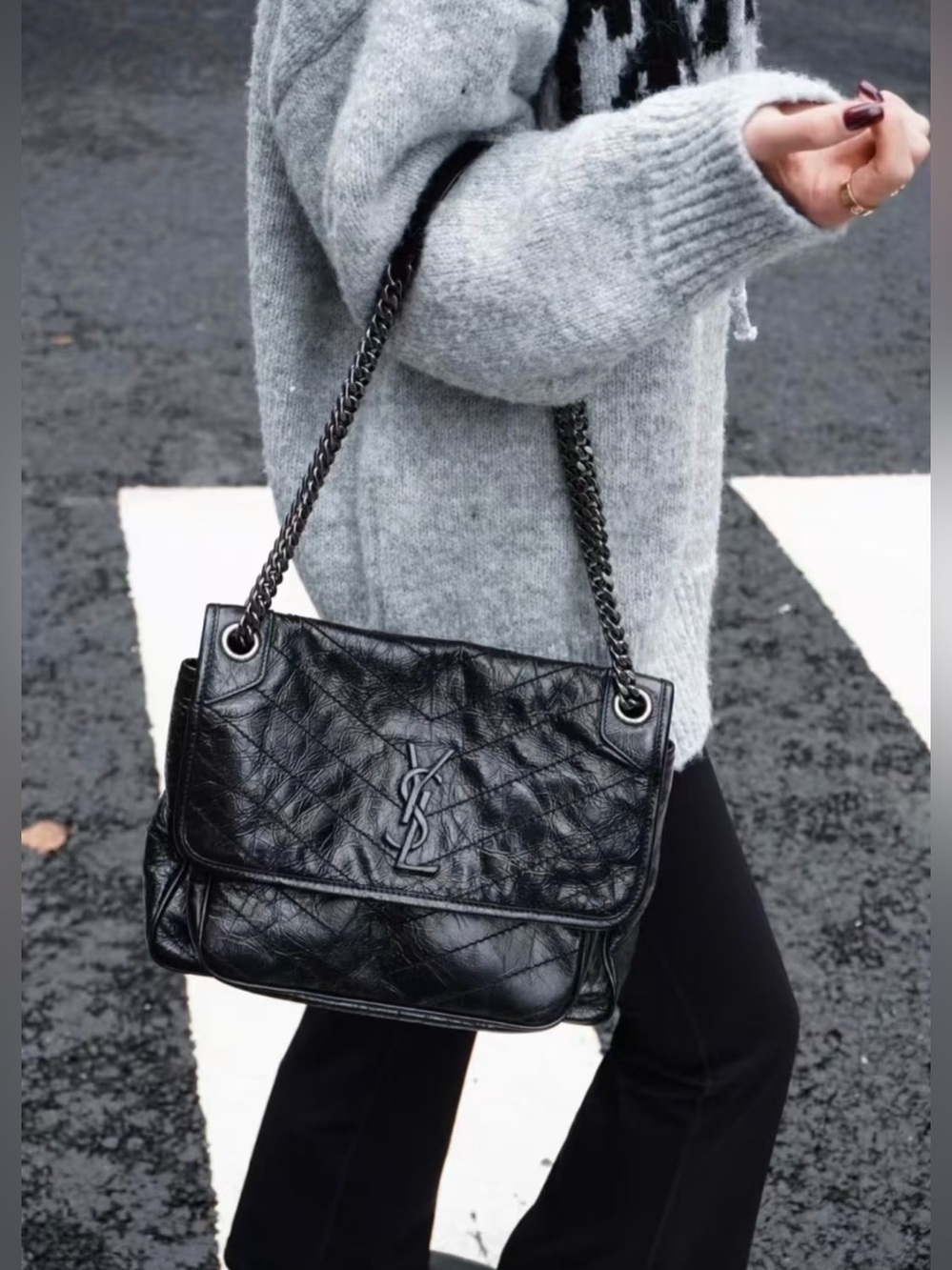 🖤 SAINT LAURENT NIKI Medium Bag – Black Crinkled Leather 🖤